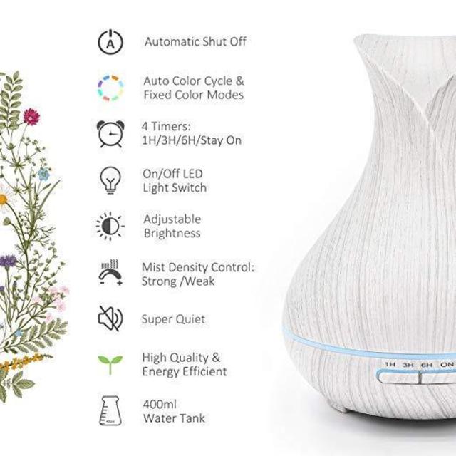 Essential Oil Diffuser, Quiet 5-In-1 Humidifier, ASAKUKI 400ML Premium Natural Home Fragrance Diffuser with 7 LED Color Changing Light and Easy to Clean