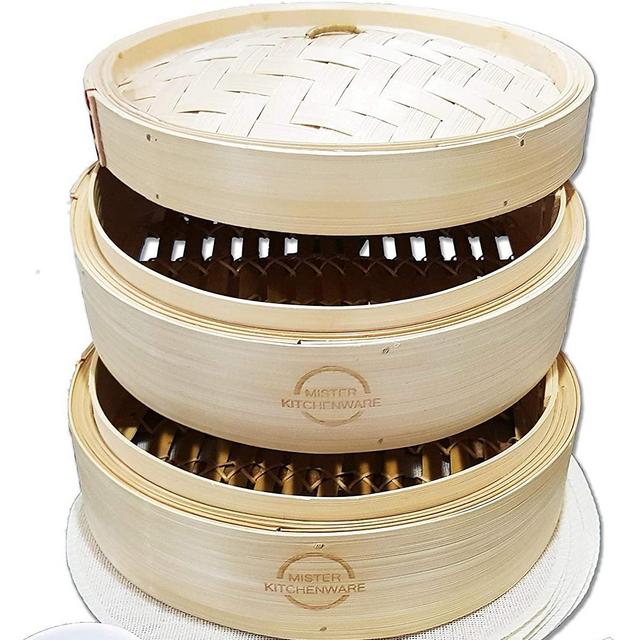 Mister Kitchenware 10 Inch Handmade Bamboo Steamer, 2 Tier Baskets
