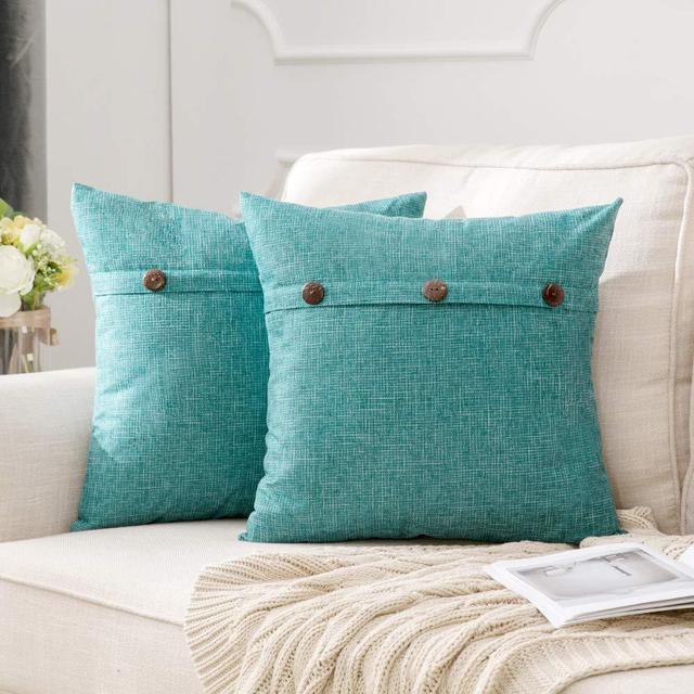 MIULEE Set of 2 Decorative Linen Throw Pillow Covers Cushion Case Triple Button Vintage Farmhouse Pillowcase for Couch Sofa Bed 18 x 18 Inch Turquoise