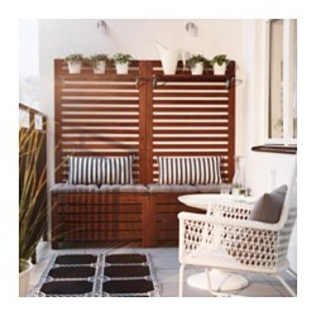 ÄPPLARÖ				Bench w/wall panel + shelf, outdoor, brown stained