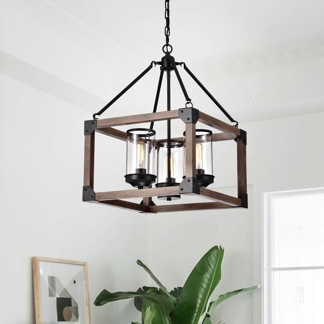 Daniela 3-light Antique Black Wooden Cage Glass Cylinders Cage Pendant