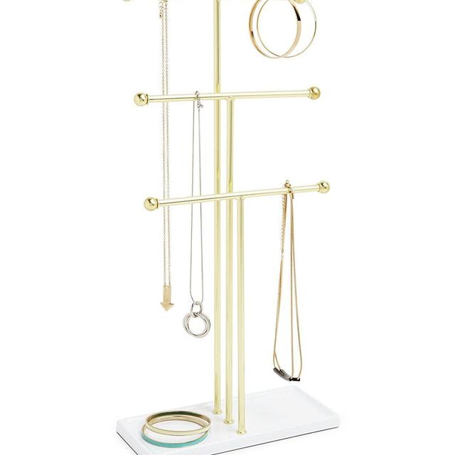 Umbra Trigem Hanging Jewelry Organizer – 3 Tier Extra Tall Tabletop Necklace Holder and Jewelry Display Stand Tree with Ring Tray to Organize Necklaces, Bracelets, Earrings, Rings and Watches, Brass