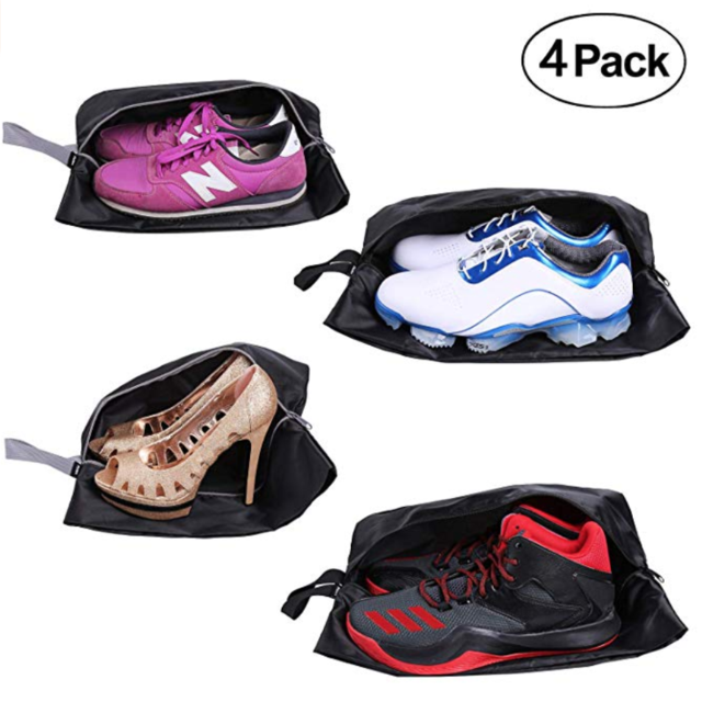 YAMIU Travel Shoe Bags Set of 4 Waterproof Nylon with Zipper for Men & Women (Black)