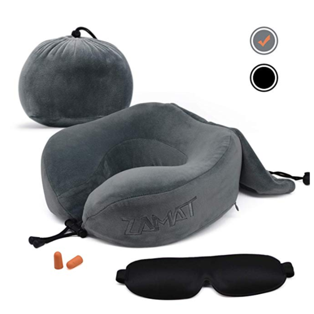 ZAMAT Breathable & Comfortable Memory Foam Travel Neck Pillow, U-Shaped Adjustable Airplane Car Flight Pillow, 360-Degree Head Support, Spandex Case Cover | Travel Kit with Earbuds & Eye Mask (Gray)