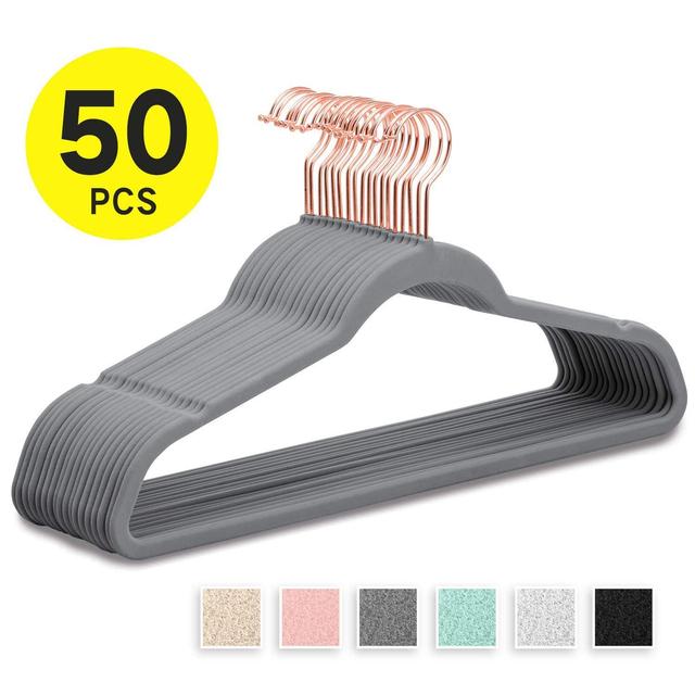 SUPJOO Premium Velvet Hangers Rose Gold Swivel Hooks - 50 Pack (Gray)