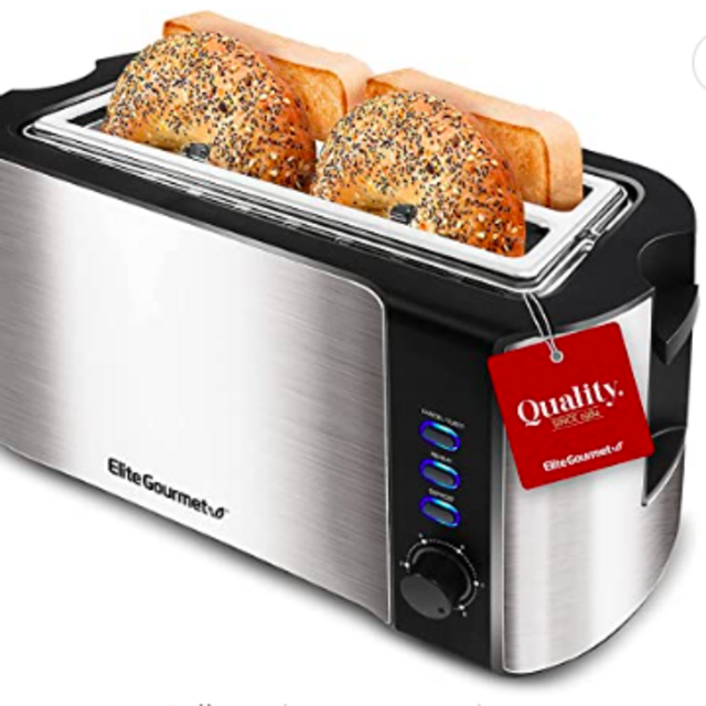 Elite Gourmet ECT-3100 Long Slot 4 Slice Toaster, Reheat, 6 Toast Settings, Defrost, Cancel Functions, Built-in Warming Rack, Extra Wide Slots for Bagels & Waffles, Stainless Steel & Black