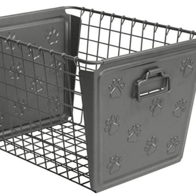 Spectrum Diversified Paws Macklin Basket Steel Storage Bin with Cute Pawprint Design, Pet Accessory Organizer with Rust-Resistant Finish, Cat & Dog Toy Organization & Storage, Medium, Industrial Gray