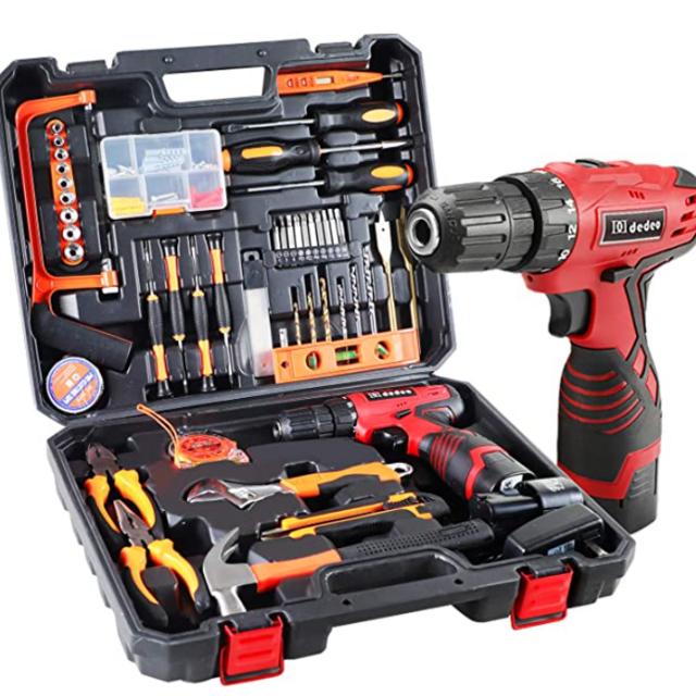 Dedeo Cordless Hammer Drill Tool Kit, 60Pcs Household Power Tools Drill Set with 16.8V Lithium Driver Claw Hammer Wrenches Pliers DIY Accessories Tool Kit