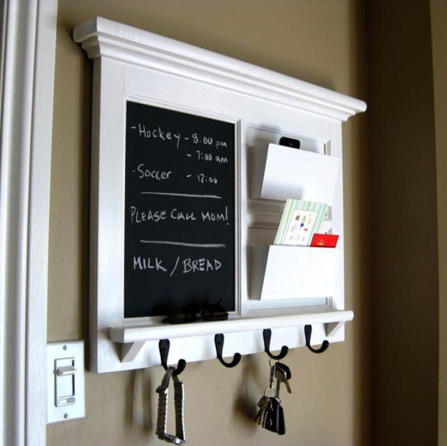 Home Decor Framed Furniture Double Mail Organizer Storage and Shelf with Chalkboard or Bulletin Board Cork Keyhook