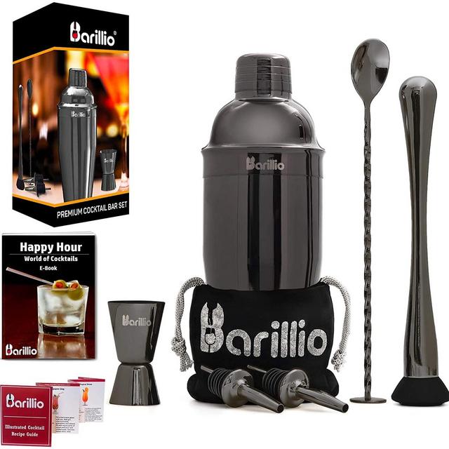 Black Cocktail Shaker Set Bartender Kit by BARILLIO: 24 oz Stainless Steel Martini Mixer, Muddler, Mixing Spoon, jigger, 2 liquor pourers, Velvet Bag, Recipes Booklet & eBook
