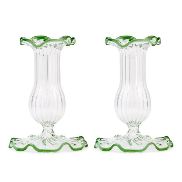 Set-Of-Two Small Scalloped Glass Candle Sticks