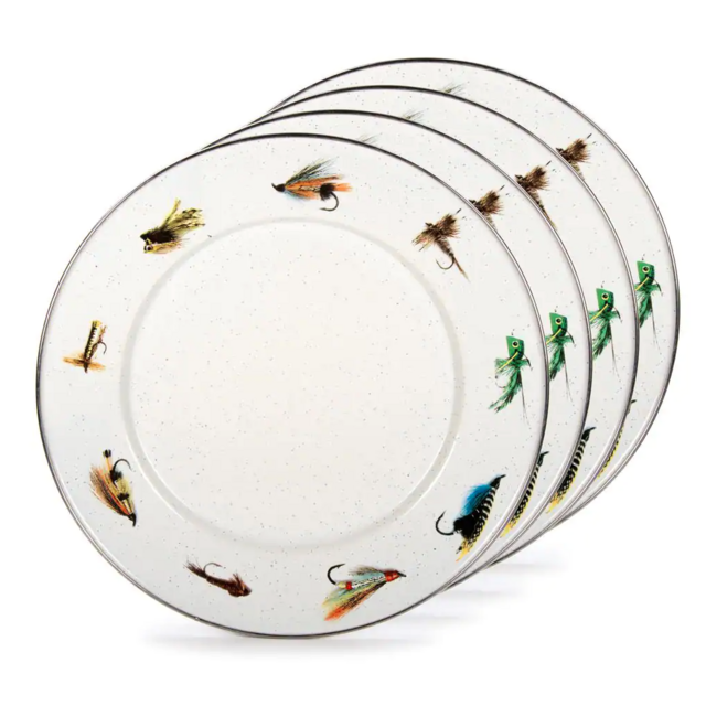 Fishing Fly 10.5 in. Enamelware Round Dinner Plates (Set of 4)