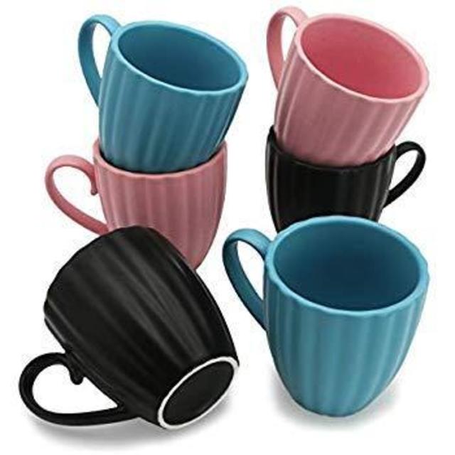 Sumerflos 8 Ounce Porcelain Mugs - Elegant New Petal Stripe Coffee Mugs - Matte Ceramic Mug Set for Coffee, Tea, Cocoa - 3 Colors - Set of 6