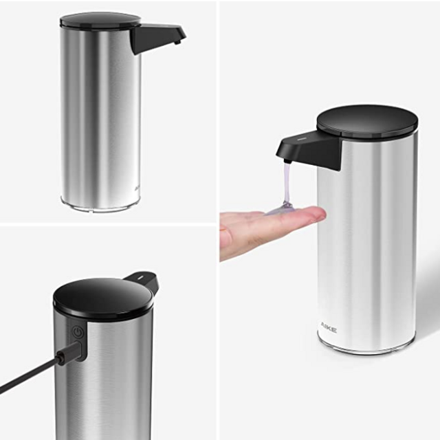 AIKE 9.5 oz. Rechargeable Automatic Sensor Liquid Soap Dispenser Pump, Brushed Stainless Steel, Model AK1333