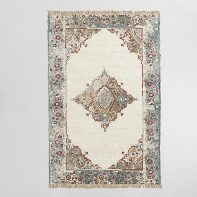 Teal Persian Style Print Cotton and Jute Mirabella Area Rug
