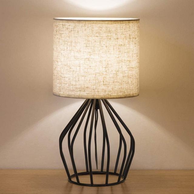 HAITRAL Cage Table Lamp - Minimalist Bedside Desk Lamp with Hollowed Out Base and Linen Fabric Shade, Vintage Nightstand Light for Bedroom Living Room College Dorm Kids Room, Black