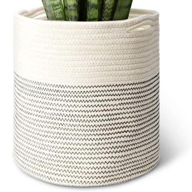 Mkono Cotton Rope Plant Basket Modern Indoor Planter Up to 11 Inch Flower Pot Woven Storage Organizer with Handles Home Decor, 12" x 12"