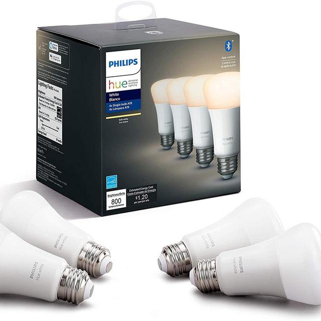 Philips Hue White 4-Pack A19 LED Smart Bulb, Bluetooth & Zigbee compatible (Hue Hub Optional), Works with Alexa & Google Assistant – A Certified for Humans Device