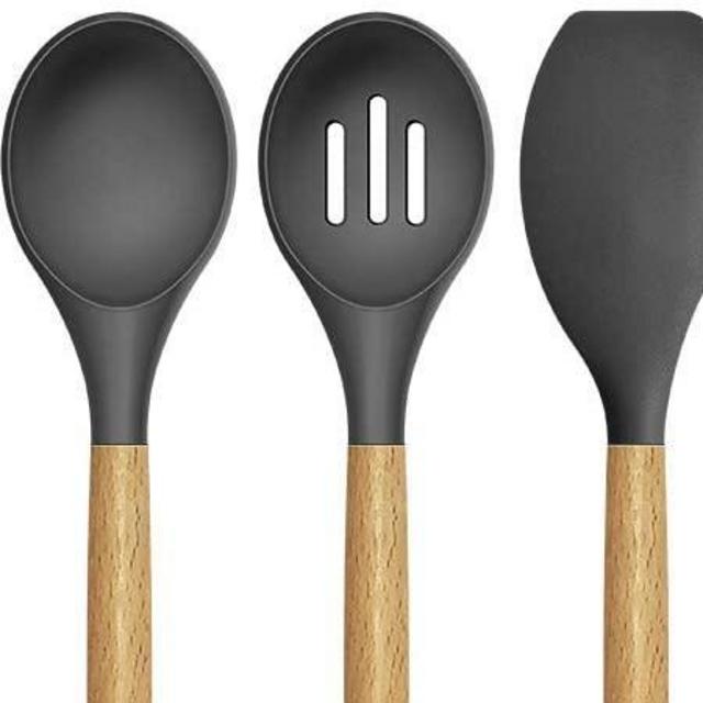 14 Pcs Silicone Cooking Utensils Kitchen Utensil Set - 446°F Heat Resistant,Turner Tongs,Spatula,Spoon,Brush,Whisk. Wooden Handles Gray Kitchen Gadgets Tools Set for Nonstick Cookware (BPA Free)