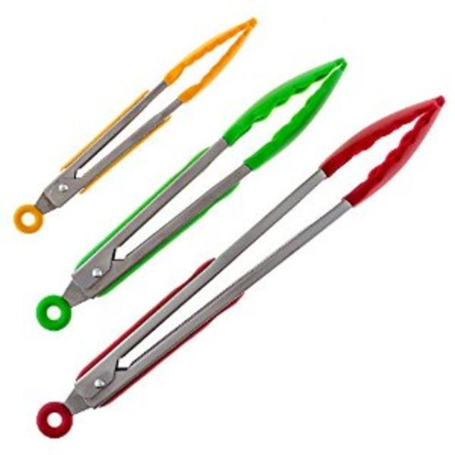 Silchef Premium Kitchen Tongs set of 3 - 9 inch Salad Tongs, 12 inch Barbecue (BBQ) Grill tongs and 7 inch Mini Tongs, - Stainless Steel Food Tongs With Silicone Tips for Extra Grip (Red, Yellow and Green)