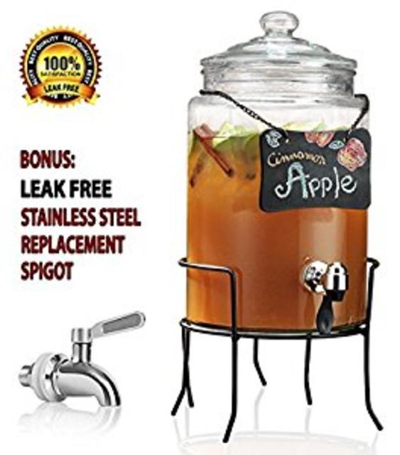 Clear Glass Beverage Drink Dispenser with Chalkboard on Metal Rack Stand - 1.5 Gallon - Stainless Steel Leak Free Spigot Included - Home Bar & Party Centerpiece