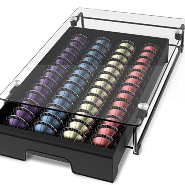 EVERIE Crystal Tempered Glass Top Organizer Drawer Holder Compatible with Nespresso Vertuo Capsules, Compatible with 40 Big or 52 Small Vertuoline Pods, 12'' Wide by 16.5'' Deep by 3.5'' High