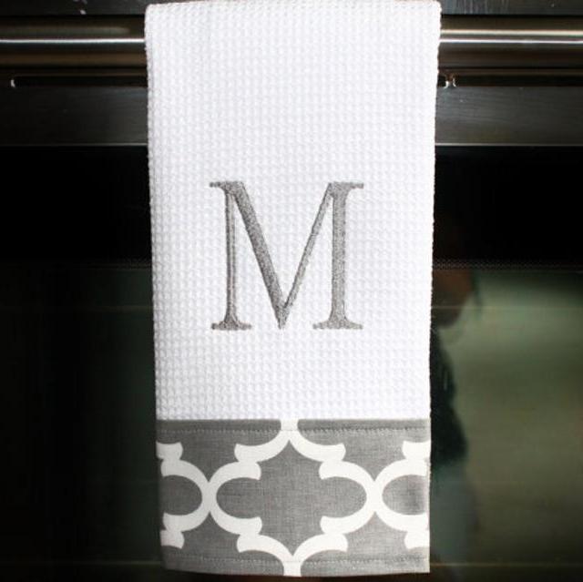 Grey and White Quatrefoil Monogrammed Dish Towel or Hand Towel- Monogram with G