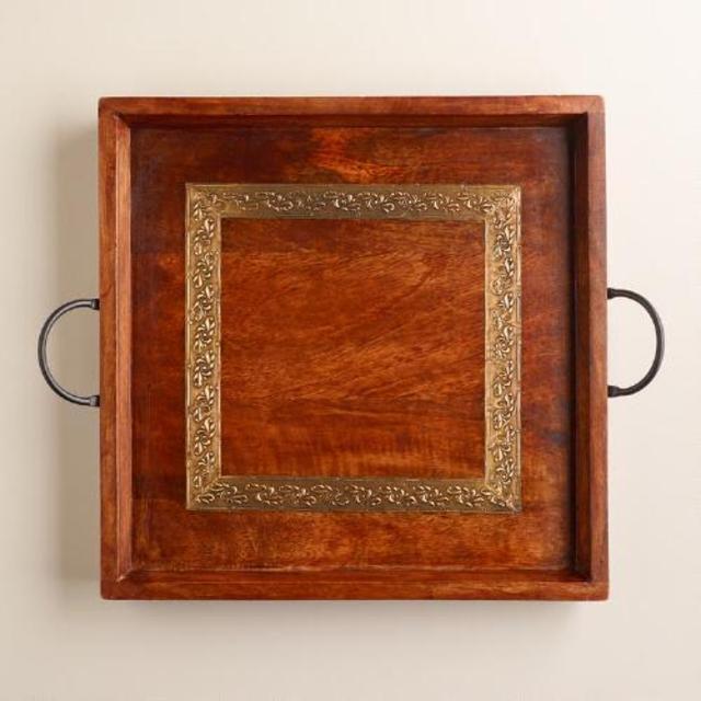 Wood and Embossed Square Metal Tray