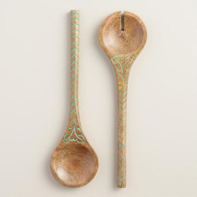 Lagoon Blue Etched Wood Salad Servers, Set of 2