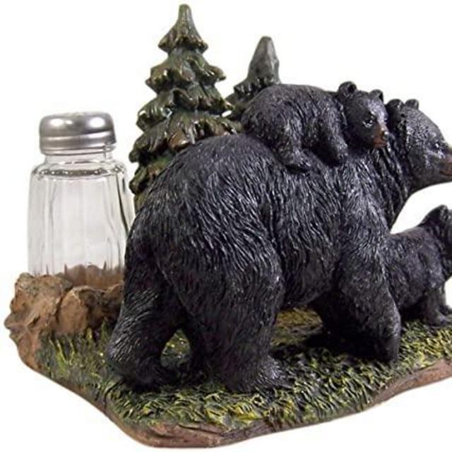 Black Bear With Cubs Salt and Pepper Shaker and Napkin Holder 5 1/4 Inch (Shakers Included)