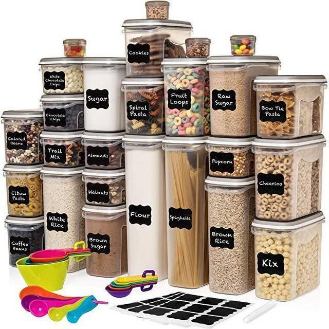 LARGEST Set of 52 Pc Food Storage Containers (26 Container Set) Shazo Airtight Dry Food Space Saver w Interchangeable Lid, 14 Measuring Cups + Spoons, Labels + Marker - One Lid Fits All - Reusable