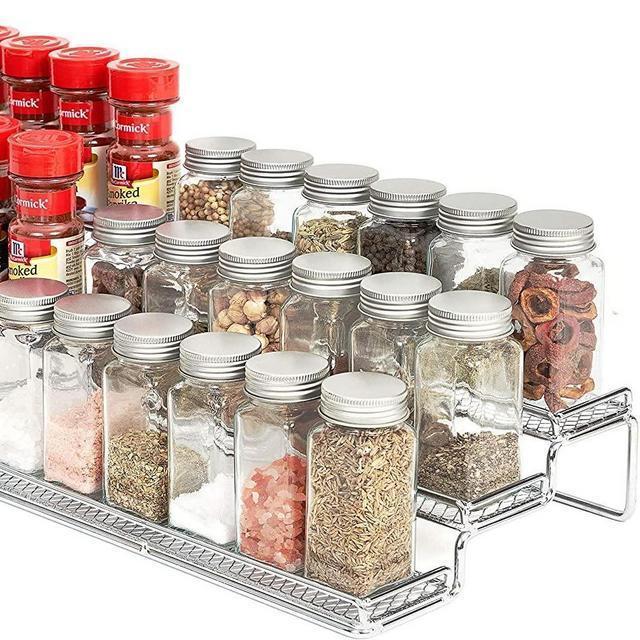 3 Tier Expandable Spice Rack Organizer for Cabinet Pantry or Countertop (12.5 to 25"W) Kitchen Step Shelf with Protection Railing, Chrome