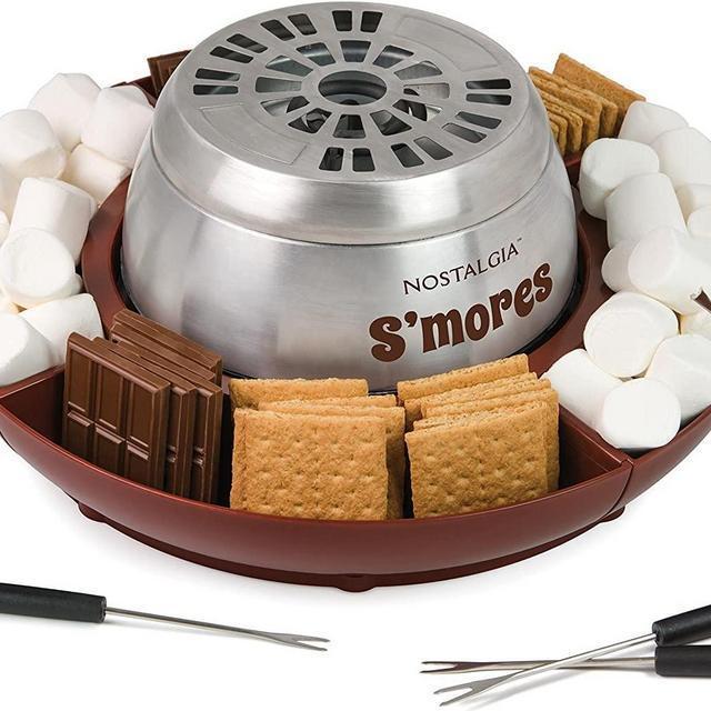 Nostalgia LSM400 Indoor Electric Stainless Steel S'mores Maker with 4 Lazy Susan Compartment Trays for Graham Crackers, Chocolate, Marshmallows and 4 Roasting Forks