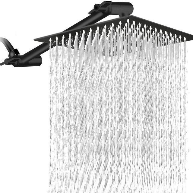 12 Inch Square Rain Showerhead with 11 Inch Adjustable Extension Arm, Large Stainless Steel High Pressure Shower Head,Ultra Thin Rainfall Bath Shower with Easy to Clean and Install - Matte Black