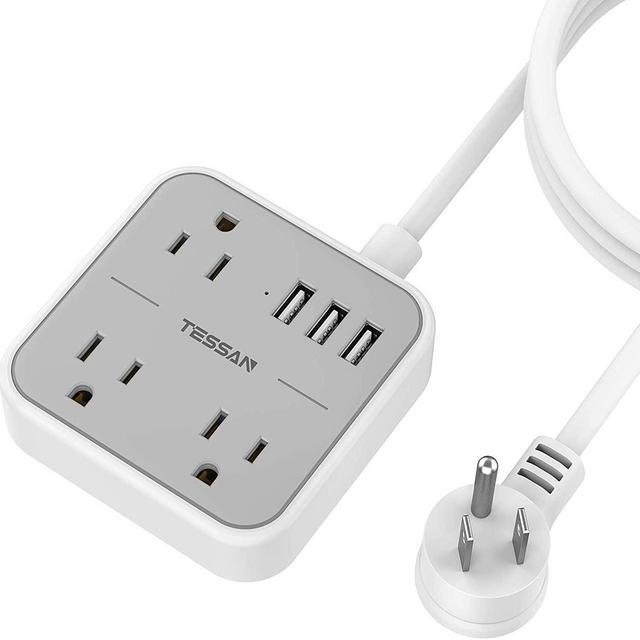 USB Power Strip Flat Plug 9.8 Feet, TESSAN Long Extension Cord with 3 Widely Spaced Outlets, 3 USB Charging Station, 1250 W 10 A, Compact for Dorm Essentials, Home, Office, Gray