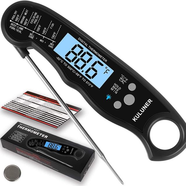KULUNER TP-01 Waterproof Digital Instant Read Meat Thermometer with 4.6” Folding Probe Backlight & Calibration Function for Cooking Food Candy, BBQ Grill, Liquids,Beef(Black)