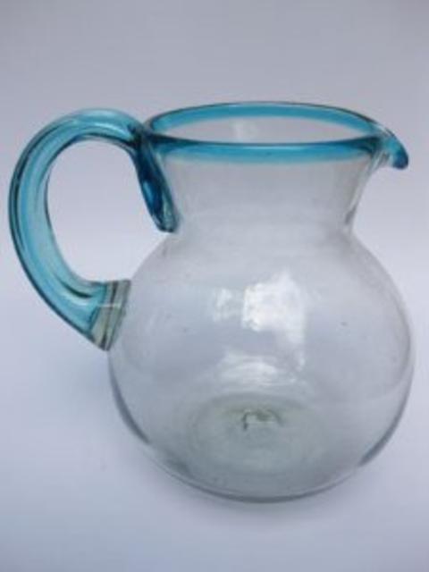 Mexican Blown Glass Pitcher Aqua Blue Rim