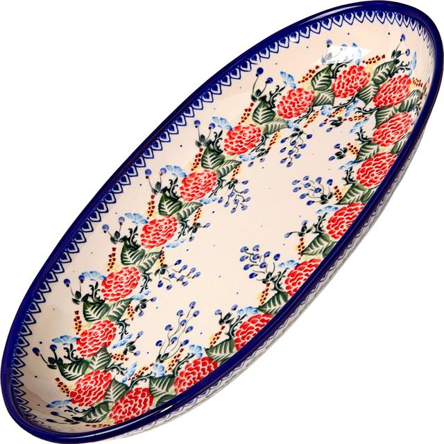 Polish Pottery Ceramika Boleslawiec 0704/280 Platter Karp Dish, Royal Blue Patterns with Red Rose Motif