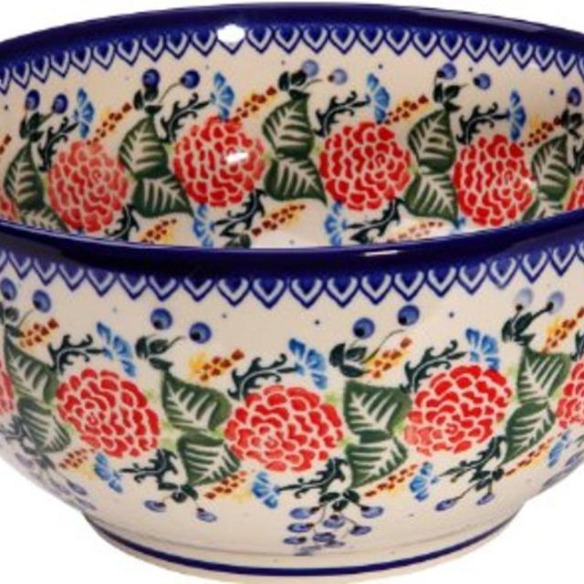 Polish Pottery Ceramika Boleslawiec 0411/280 Royal Blue Patterns with Red Rose Motif Bowl 23, 10 Cup