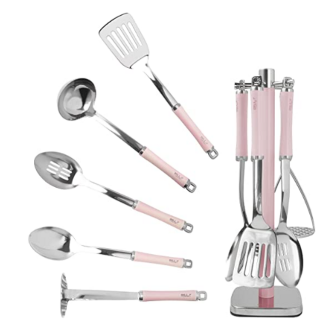 Stainless Steel Kitchen Utensil Set,6PCS Cooking Tools with Solid Spoon, Slotted Spoon, Soup Ladle,Potato Masher,Slotted Turner,Utensils Holder (Pink)