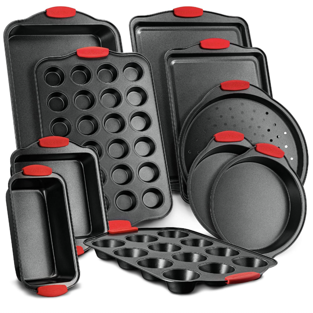 Nutrichef w/Heat Red Silicone Handles, Oven Safe, 10 Piece Set, Black