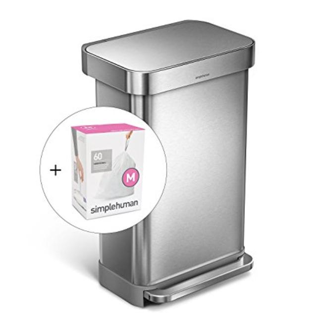 simplehuman 45L Rectangular Step Trash Can with Liner Pocket, Nano-Silver Clear Coat Brushed Stainless Steel, with 60 pack custom fit liner code M
