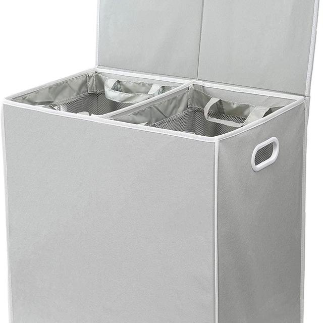 Simplehouseware Double Laundry Hamper with Lid and Removable Laundry Bags, Grey