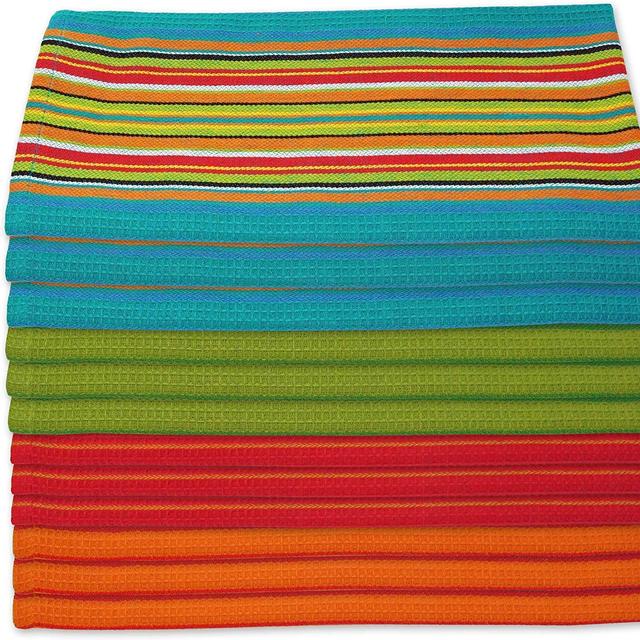 Kitchen Dish Towels Salsa Stripe - 100% Natural Absorbent Cotton (Size 28 x 16 inches) Festive Red, Orange, Green and Blue, 12-Pack