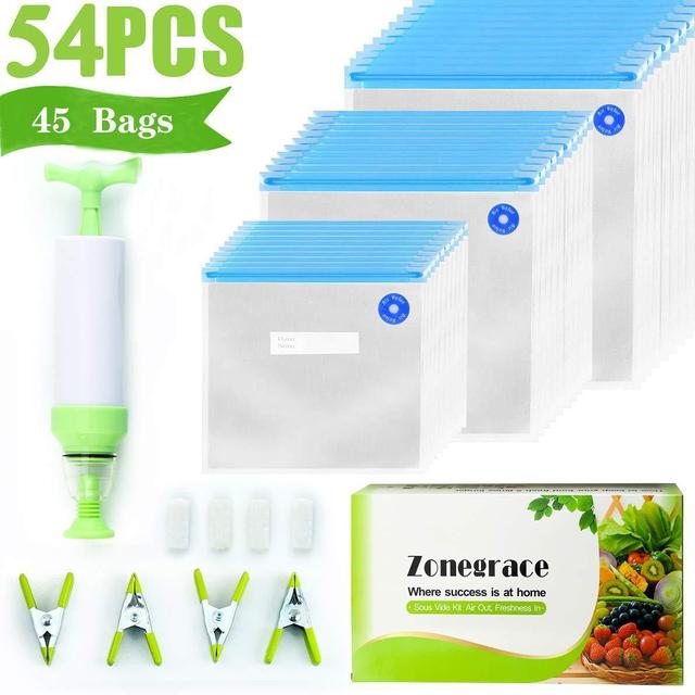 Zonegrace Sous Vide Bags 45 Reusable Vacuum Food Storage Bags for Anova and Joule Cookers - 3 sizes Sous Vide Bag Kit with Pump - 4 Sealing Clips - 4 Sous Vide Bag Clips for Food Storage and Sous Vide Cooking