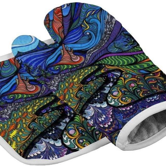 Psychedelic Trippy Set of Oven Mitt and Pot Holder Non Slip Oven Gloves Heat Resistant Hot Plate