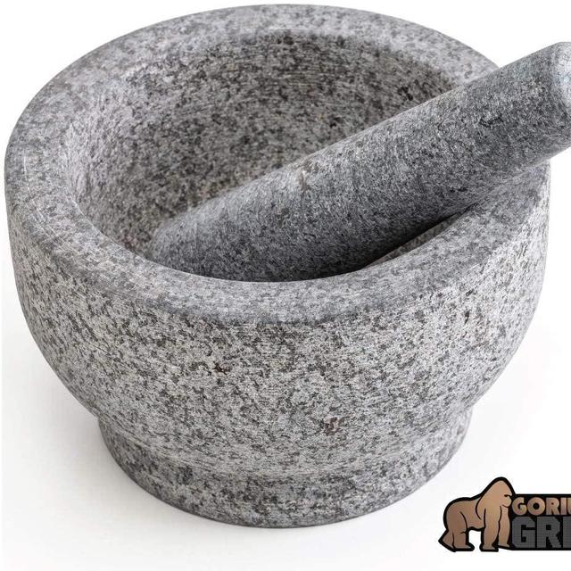 Gorilla Grip Original Mortar and Pestle, 7 Inch, Holds 4 Cups, Slip Resistant Bottom, Large Heavy Duty Unpolished Granite, Guacamole Molcajete Bowl, Kitchen Spices, Herbs, Pesto Grinder, Large Size