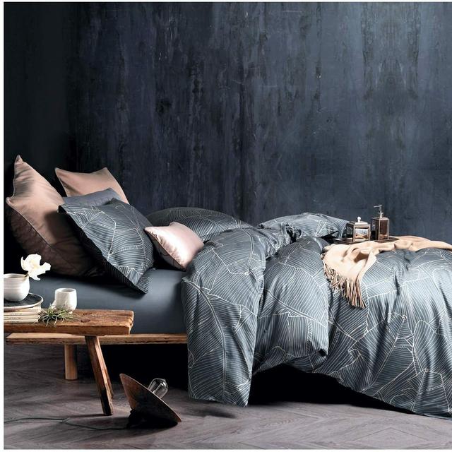 Eikei Modern Vintage Retro Mod Print Bedding Egyptian Cotton Duvet Cover Set Minimalist Chic Botanical Design Asian Zen Style Reversible Pattern in Full Queen or King Size (Queen, Palm Leaf)