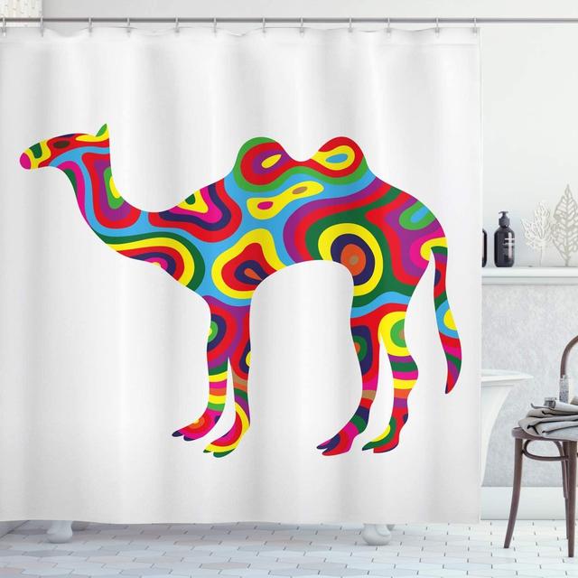 Ambesonne Modern Shower Curtain, Colorful Featured Camel Abstract Trippy Shapes and Bands Illustration, Cloth Fabric Bathroom Decor Set with Hooks, 75" Long, Yellow Blue
