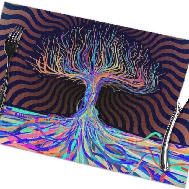KCaudillenny Fashion Placemat PVC for Kitchen Table, Trippy Colorful Tree Tablemats Set of 6 Large Stain Resistant Mat Heat Insulation Insulation Hot Mat - 12x18 inch